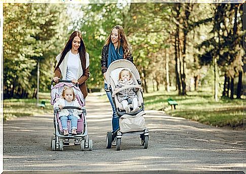 mothers walking with their children in the stroller through the park